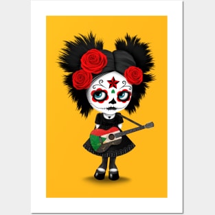 Sugar Skull Girl Playing Sudanese Flag Guitar Posters and Art